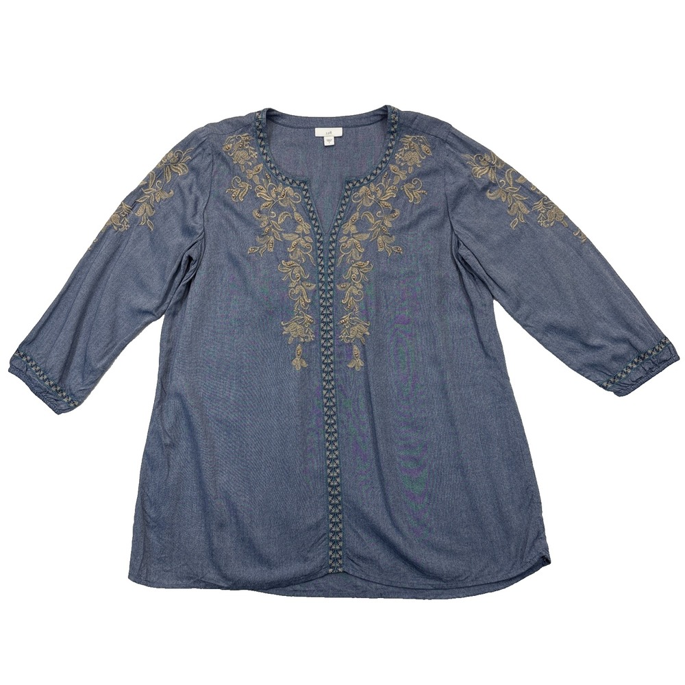 J.Jill Chambray Tunic Top Size Small Embroidered Beaded Boho Cottagecore